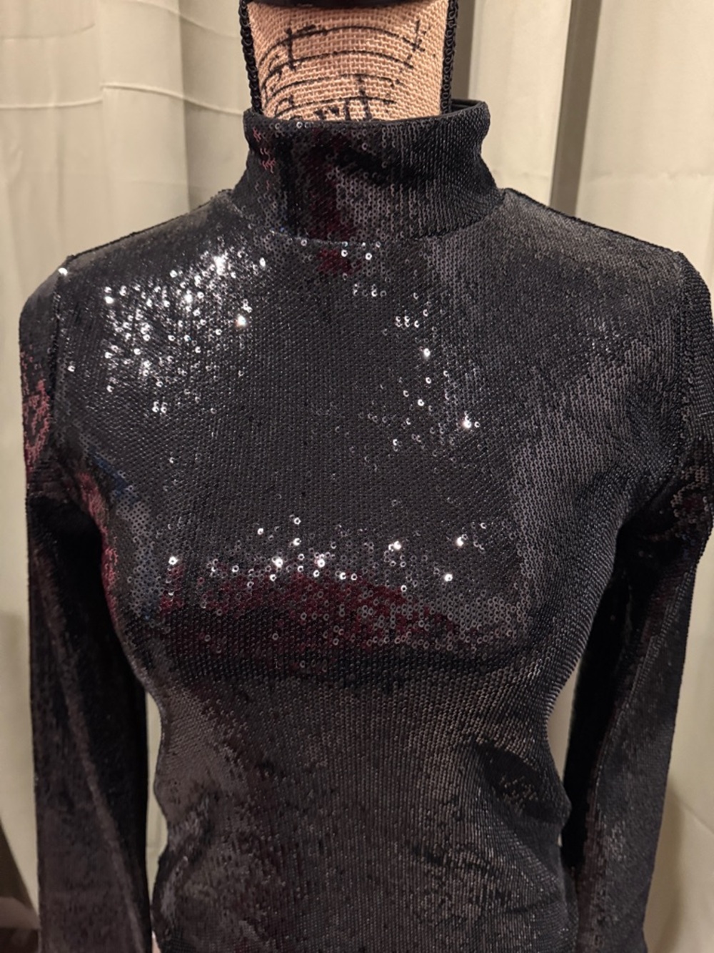 Express Black Sequin Mock Neck Long Sleeve Top - Picture 5 of 7